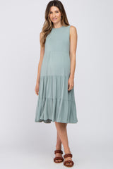 Light Olive Tiered Sleeveless Maternity Midi Dress