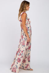 Cream Floral Ruffle Maxi Dress