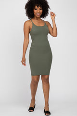 Olive Ribbed Knit Fitted Dress