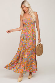 Orange Multi-Color Floral Sleeveless Maxi Dress