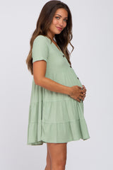 Light Olive Button Down Tiered Maternity Mini Dress