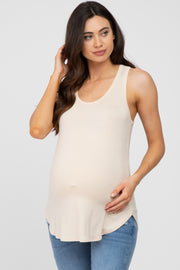 Beige Racerback Curved Hem Maternity Tank Top