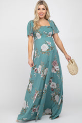 Teal Floral Chiffon Smocked Maternity Maxi Dress