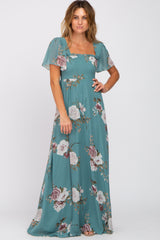 Teal Floral Chiffon Smocked Maternity Maxi Dress