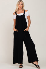 Black Gauze Wide Leg Button Front Overalls