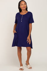 Navy Button Accent Pocketed Dress