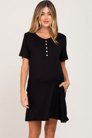 Black Button Accent Pocketed Maternity Dress