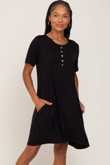 Black Button Accent Pocketed Maternity Dress