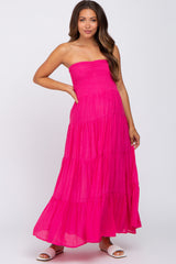 Fuchsia Strapless Smocked Tiered Maternity Maxi Dress