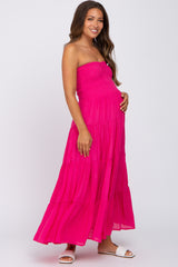 Fuchsia Strapless Smocked Tiered Maternity Maxi Dress