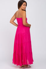 Fuchsia Strapless Smocked Tiered Maternity Maxi Dress