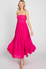 Fuchsia Strapless Smocked Tiered Maternity Maxi Dress