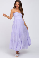 Lavender Strapless Smocked Tiered Maternity Maxi Dress