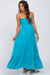 Turquoise Strapless Smocked Tiered Maternity Maxi Dress