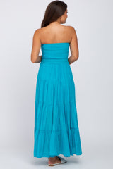 Turquoise Strapless Smocked Tiered Maternity Maxi Dress