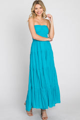 Turquoise Strapless Smocked Tiered Maternity Maxi Dress