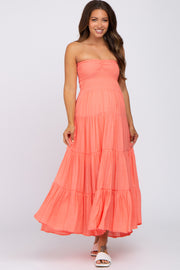 Coral Strapless Smocked Tiered Maternity Maxi Dress