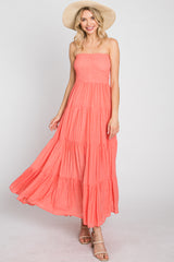 Coral Strapless Smocked Tiered Maternity Maxi Dress