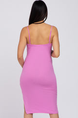 Pink Ribbed Button Maternity Midi Dress