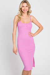 Pink Ribbed Button Midi Dress