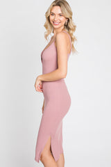 Mauve Ribbed Button Midi Dress