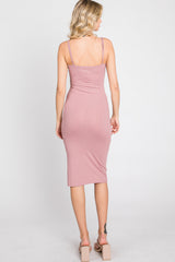 Mauve Ribbed Button Midi Dress