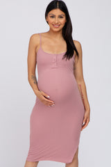 Mauve Ribbed Button Maternity Midi Dress