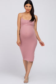 Mauve Ribbed Button Maternity Midi Dress