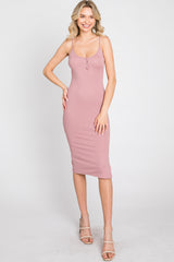 Mauve Ribbed Button Midi Dress