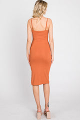 Rust Ribbed Button Midi Dress