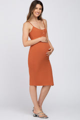 Rust Ribbed Button Maternity Midi Dress