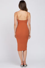 Rust Ribbed Button Maternity Midi Dress