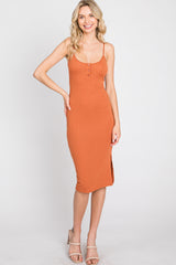 Rust Ribbed Button Midi Dress