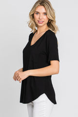 Black Pocket Front Curved Hem Top