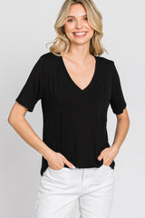 Black Pocket Front Curved Hem Top