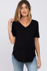 Black Pocket Front Curved Hem Maternity Top