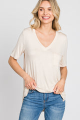 Beige Pocket Front Curved Hem Maternity Top