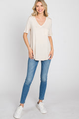 Beige Pocket Front Curved Hem Top