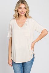 Beige Pocket Front Curved Hem Top