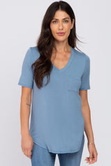 Blue Pocket Front Curved Hem Top