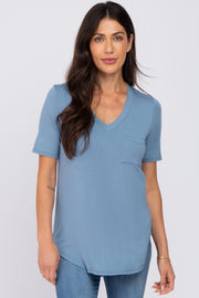 Blue Pocket Front Curved Hem Top