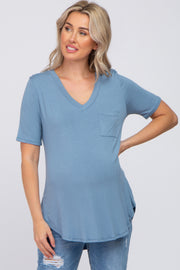 Blue Pocket Front Curved Hem Maternity Top