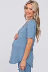 Blue Pocket Front Curved Hem Maternity Top