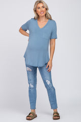 Blue Pocket Front Curved Hem Maternity Top