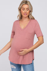 Mauve Pocket Front Curved Hem Maternity Top