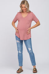 Mauve Pocket Front Curved Hem Maternity Top