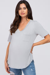 Grey Pocket Front Curved Hem Maternity Top