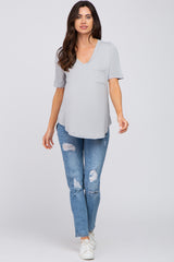 Grey Pocket Front Curved Hem Maternity Top