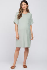 Light Olive Front Pocket Raglan Maternity Dress