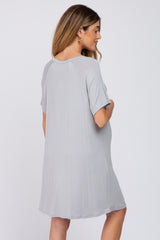 Light Grey Front Pocket Raglan Maternity Dress